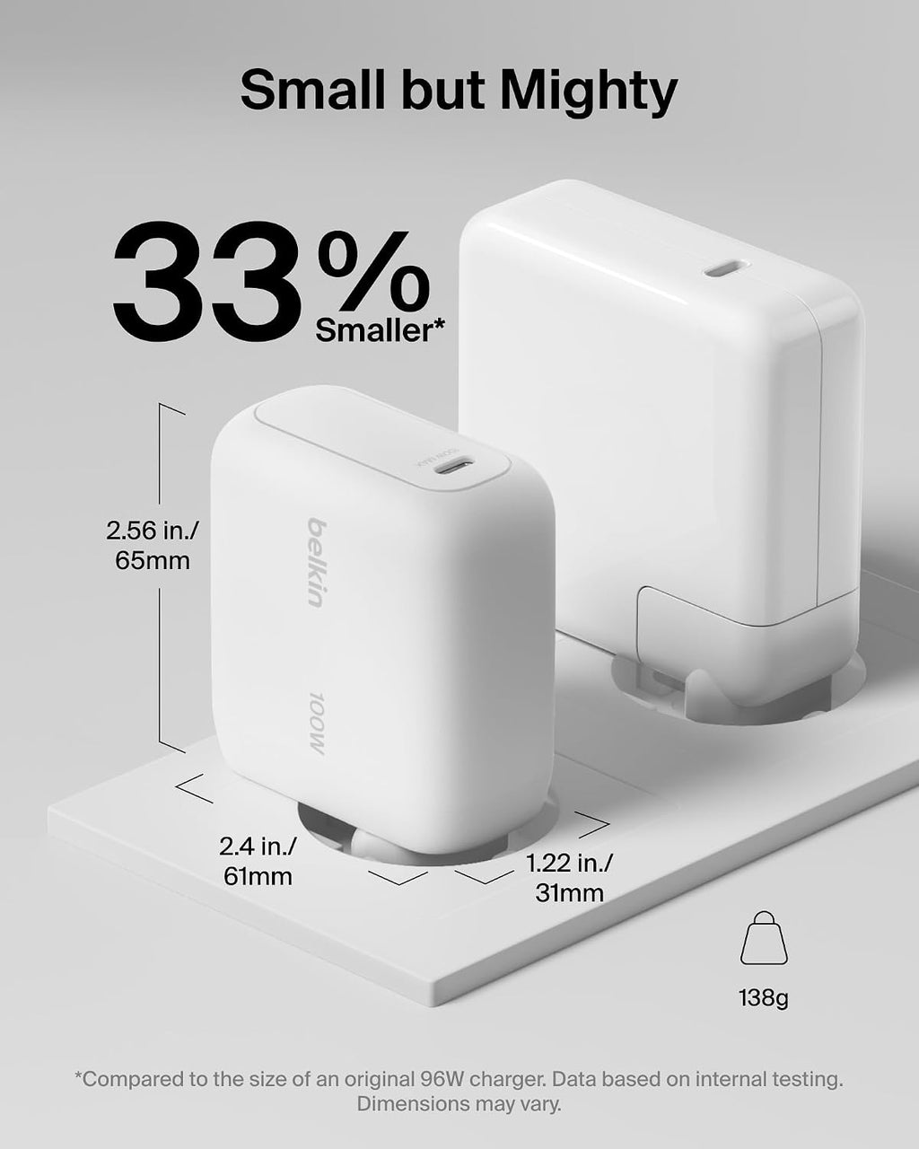 Belkin BoostCharge USB C Plug Charger 100W, GaN Compact and Foldable Plug Charger, Fast Charging for iPhone 17, Samsung Galaxy S26, Pixel 10, Tablet, MacBook - 1.5m USB C Cable Included - White