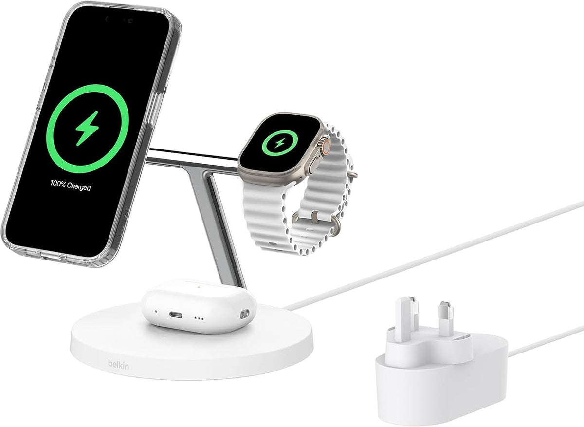 Belkin BoostCharge 3-in-1 Qi2 charger, MagSafe compatible wireless charging station, Qi2 Wireless Charger for Apple iPhone 17 Series, Air, Apple Watch, AirPods with Non-Slip Base, PSU Included - White