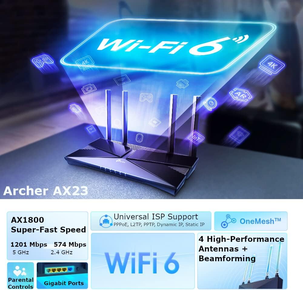 TP-Link WiFi 6 OneMesh Router, AX1800 Mbps Gigabit VPN Router, Dual-Core CPU Fibre Router, WPA3 Cybersecurity, Ideal for Gaming Xbox/PS4/Steam (Archer AX23)