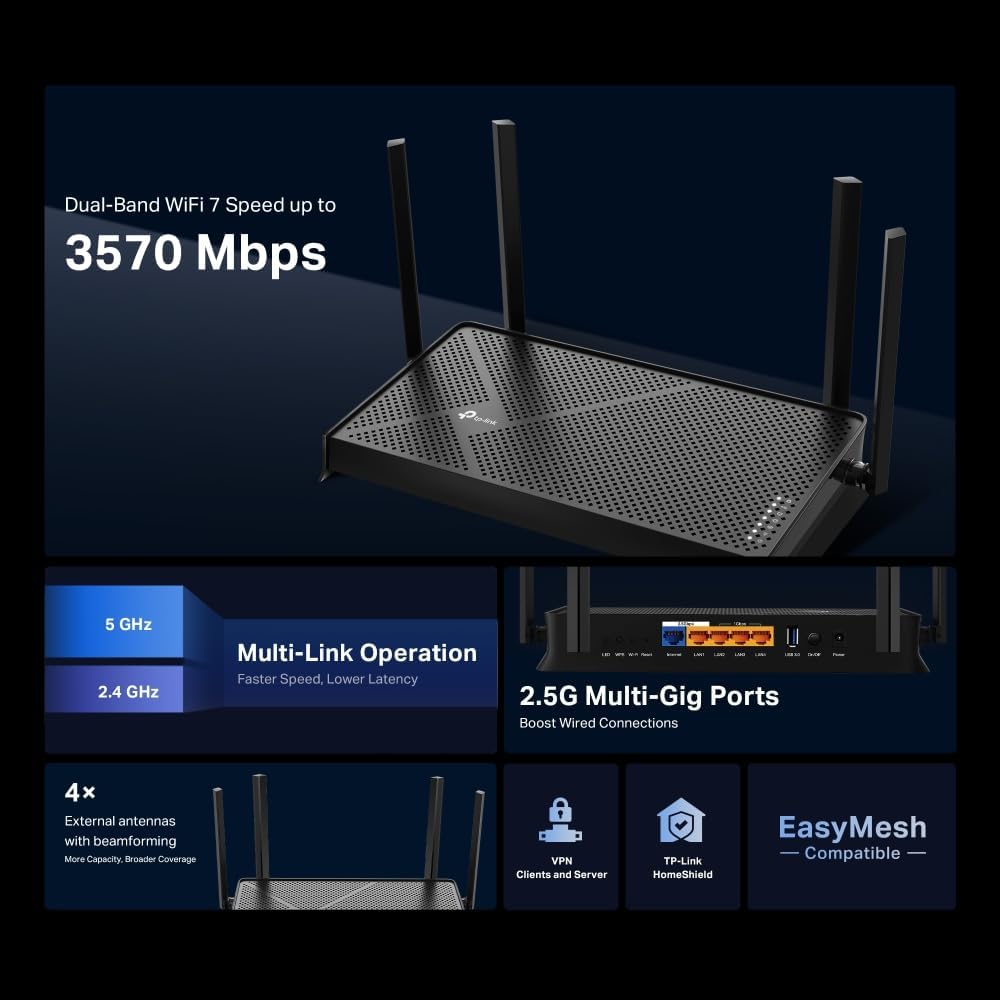 TP-Link Archer BE3600 Dual Band WiFi 7 Router 3600Mbps, 2x2.5G Ports