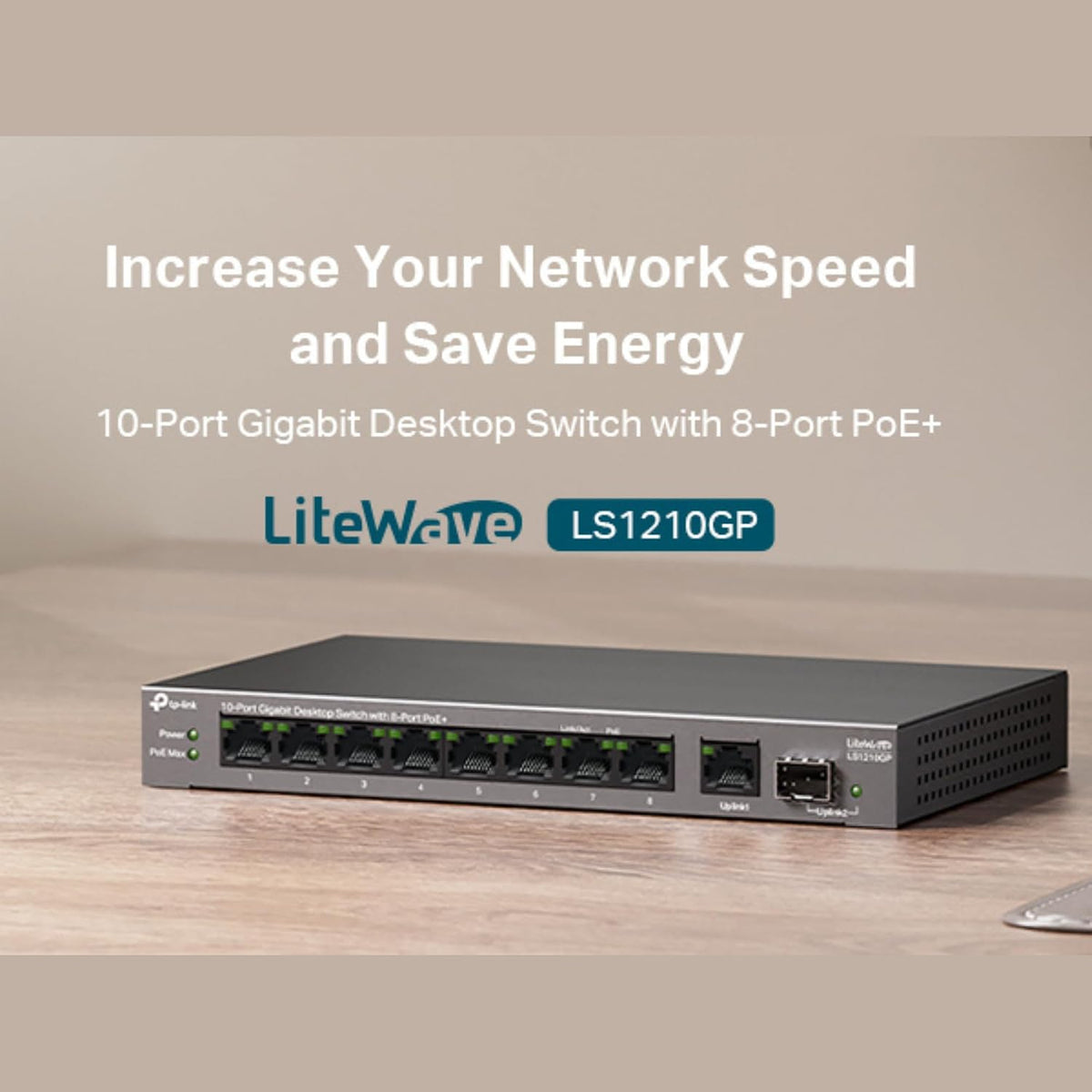 TP-Link 10-Port Gigabit Desktop Switch with 8-Port PoE+, 61 W PoE Budget, 30 W PoE output, Up to 250m PoE Transmission. Traffic Separation, Plug and Play, Fanless, Metal Case (LS1210GP)