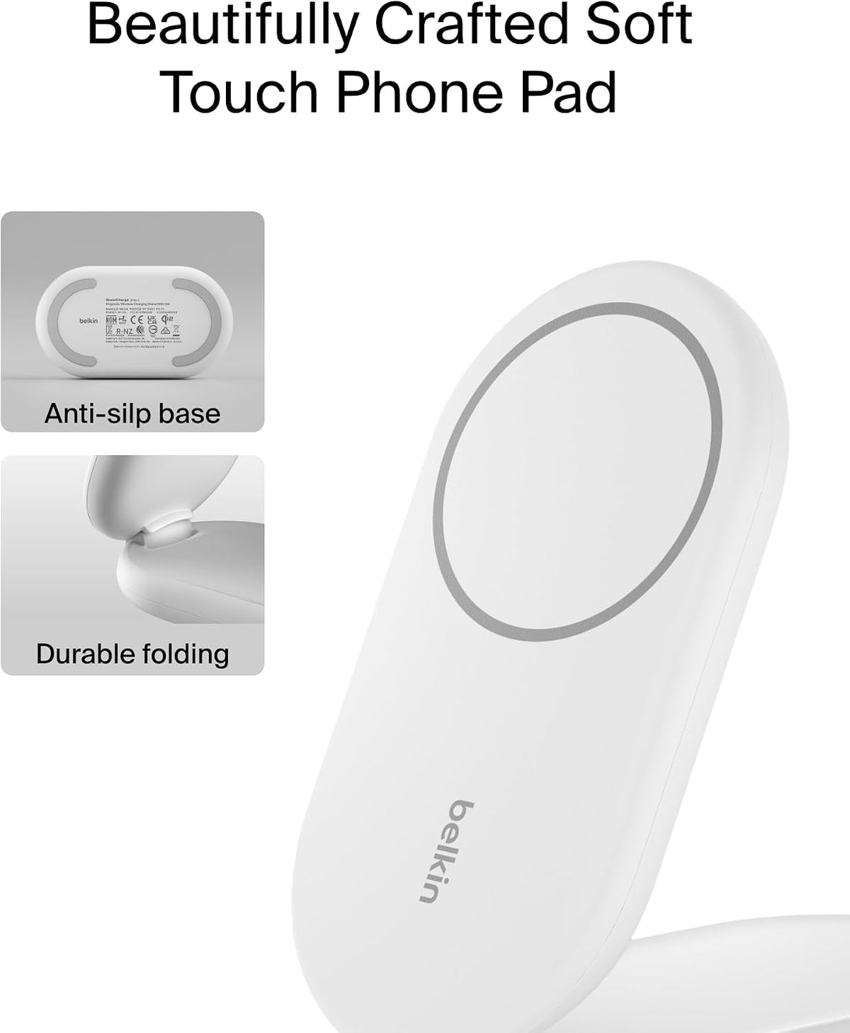 Belkin BoostCharge 2-in-1 Magnetic Foldable Qi2 Charger 15W, MagSafe Compatible Wireless Charger, Fast Charging for iPhone 17, Air, 16, 15, Charging Station with Non-Slip Base, PSU Included - White