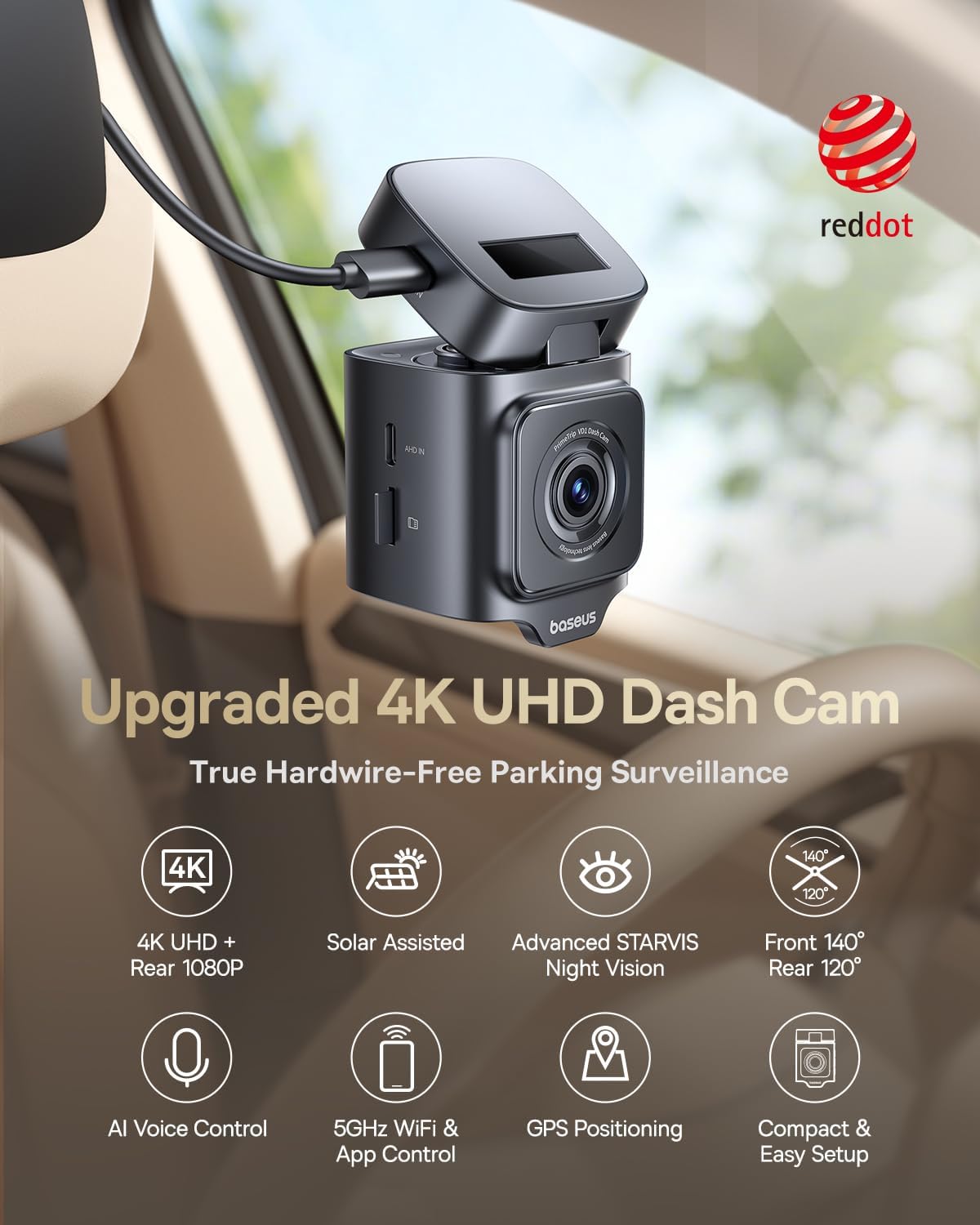 Baseus VD1 Pro Dash Cam Car Front Rear 4K+1080P Solar Dash Cam with 14-Day Battery Standby Parking Mode — Black