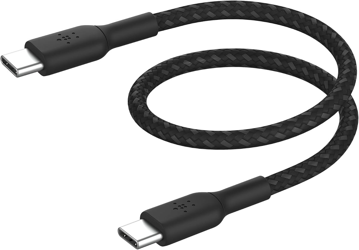 Belkin Fast Charge (0.5ft) Braided USB-C to USB-C Cable for iPhone 16, iPhone 16 Pro, iPhone 16 Pro Max, iPhone 16 Plus, iPhone 15, Galaxy S24, S23, Note10, Pixel 9, Pixel 8, iPad Pro & More - Black