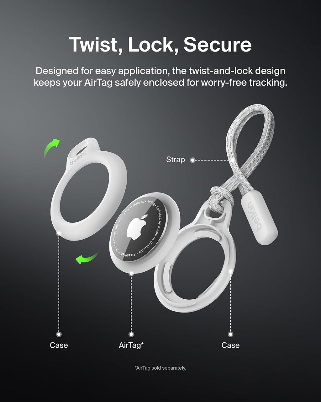 Belkin Airtag Case With Strap, Secure Holder Protective Cover For Air Tag Scratch Resistance Accessory - White