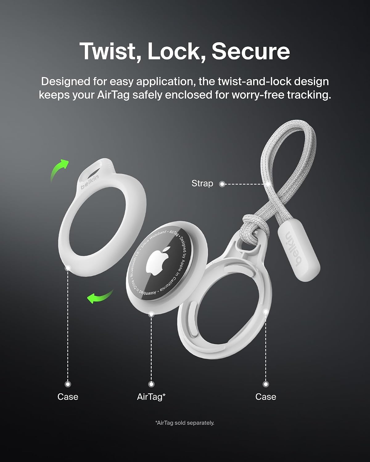 Belkin Airtag Case With Strap, Secure Holder Protective Cover For Air Tag Scratch Resistance Accessory - White