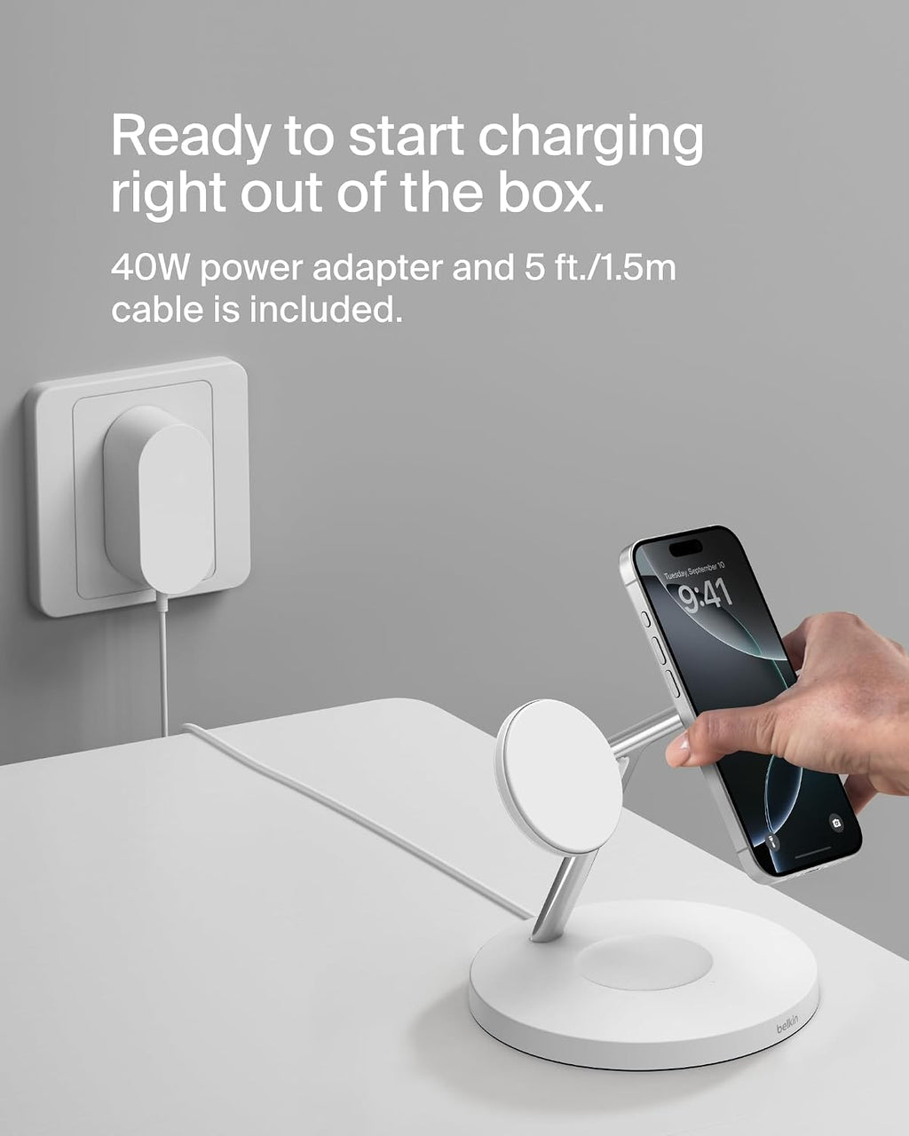 Belkin BoostCharge 3-in-1 Qi2 charger, MagSafe compatible wireless charging station, Qi2 Wireless Charger for Apple iPhone 17 Series, Air, Apple Watch, AirPods with Non-Slip Base, PSU Included - White