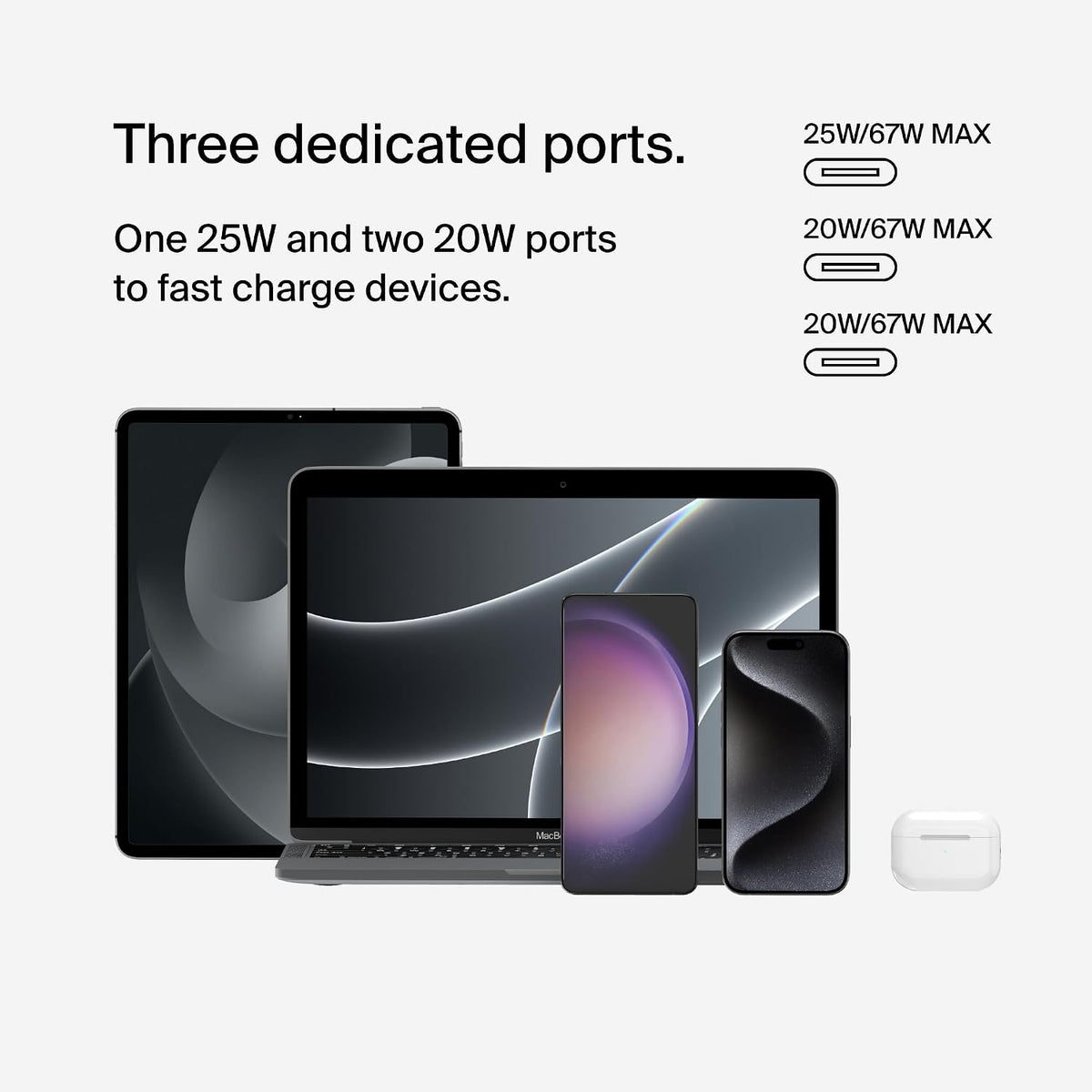Belkin BoostCharge 3-Port USB-C Wall Charger with PPS 67W, PD 3.1 Enabled Fast Charging - iPhone 17, Air, Samsung Galaxy S25, Pixel 10, iPad, AirPods, Tablet, etc, USB-C to Type C cable included