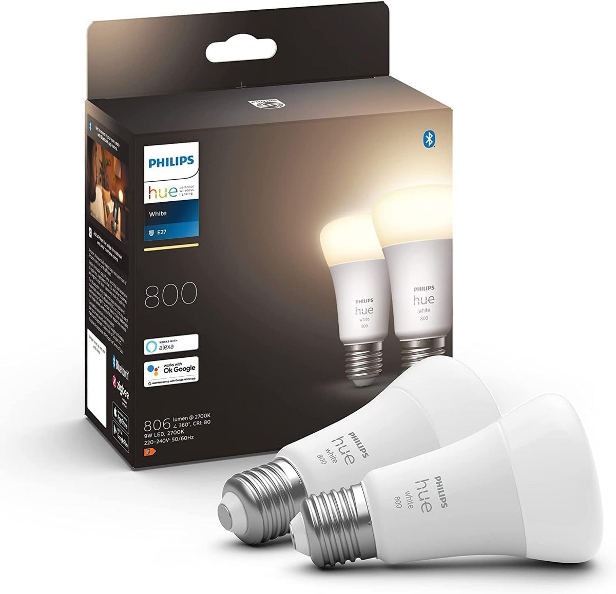 Philips Hue NEW White Smart Light Bulb 60W - 806 Lumen 2 Pack [E27 Edison Screw] With Bluetooth. Works with Alexa, Google Assistant, Apple Homekit. For Home Indoor Lighting, Livingroom and Bedroom. — White
