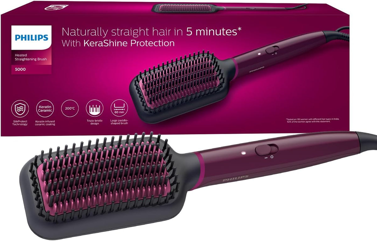 Philips Heated straightening brush BHH730/03 — Naturally straight hair in 5 minutes — Keratin infused ceramic coating — 1 temperature mode — Triple bristle detangles and protect the scalp — Multicolored