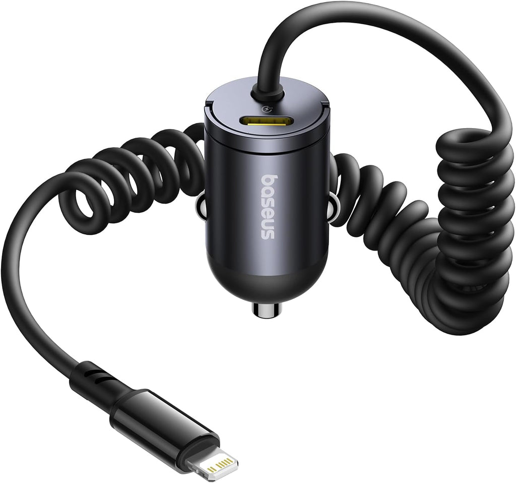 Baseus【1Port - Type C +30W Type L Coiled Cable】USB-C Car Phone Charger, Super Fast PD & QC 3.0 — Black