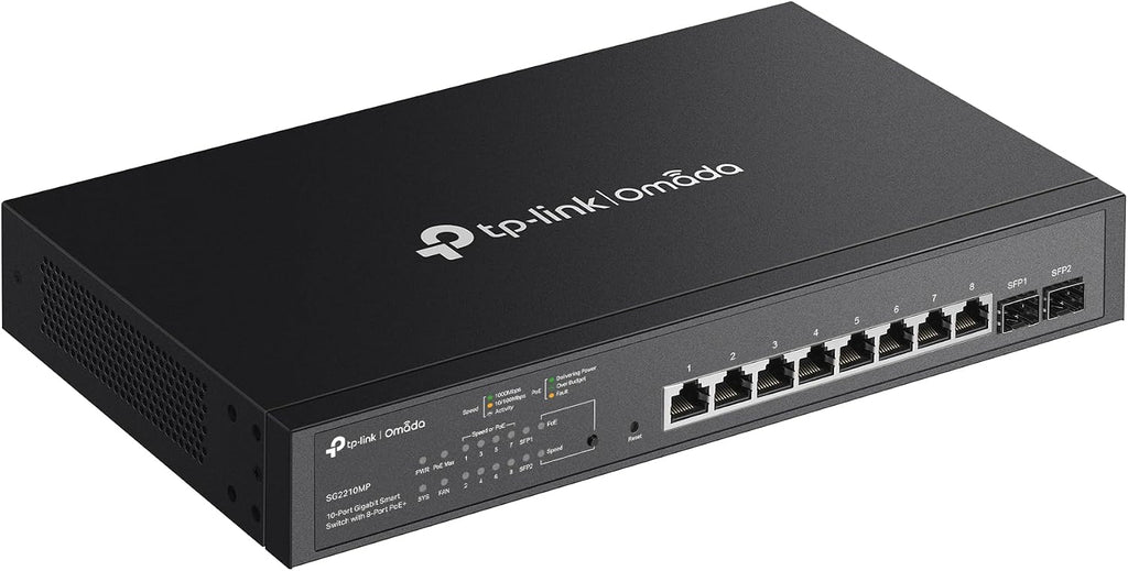 TP-Link TL-SG2210MP | Jetstream 10 Port Gigabit Smart Managed PoE switch | 8 PoE+ Ports @ 150W, 2 SFP Slots | Support Omada SDN | PoE Recovery | IPv6 | Static Routing | 5 Year Manufacturer Warranty