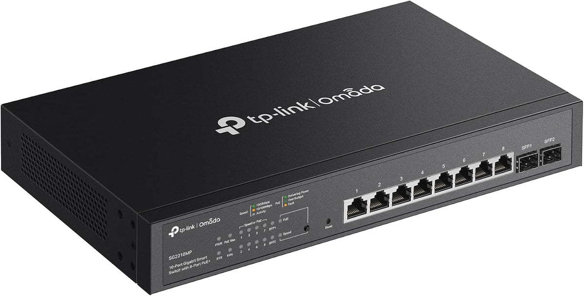 TP-Link TL-SG2210MP | Jetstream 10 Port Gigabit Smart Managed PoE switch | 8 PoE+ Ports @ 150W, 2 SFP Slots | Support Omada SDN | PoE Recovery | IPv6 | Static Routing | 5 Year Manufacturer Warranty