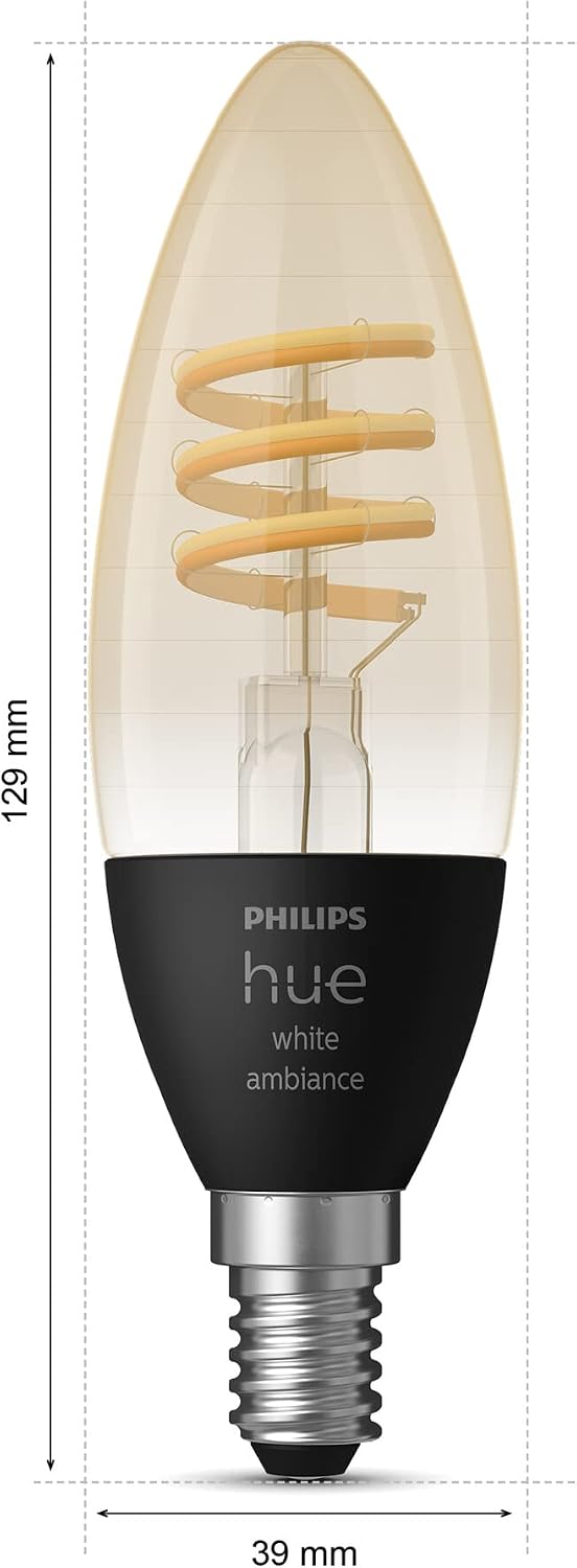Philips Hue Filament Candle 2 Pack White Ambiance LED Smart Light Bulb [E14 Small Edison Screw] 4.9W for Indoor Home Lighting. Bedroom, Livingroom and Dining. — White Ambiance