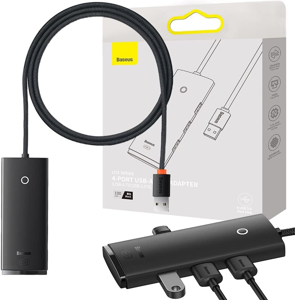 Baseus USB Hub USB 3.0, 4-Ports USB Splitter Power Hub Adapter USB Extension 5Gbps High-Speed Data Hub with USB C Charging — Black