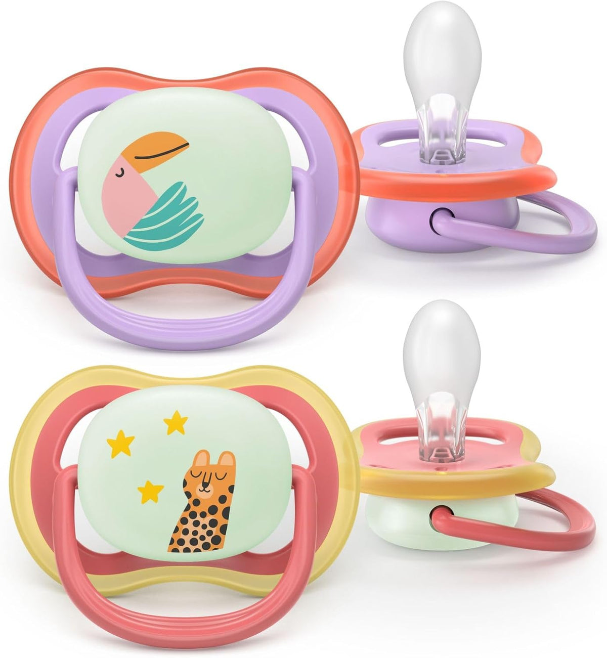 Philips Avent Ultra Air Nighttime Soothers - Orthodontic Design, for Babies 18 Months+, Glow in The Dark, Extra-Firm Silicone Symmetrical Teat, BPA-Free, with Sterilizing Case, 2 Pack, SCF376/33 — Transparent