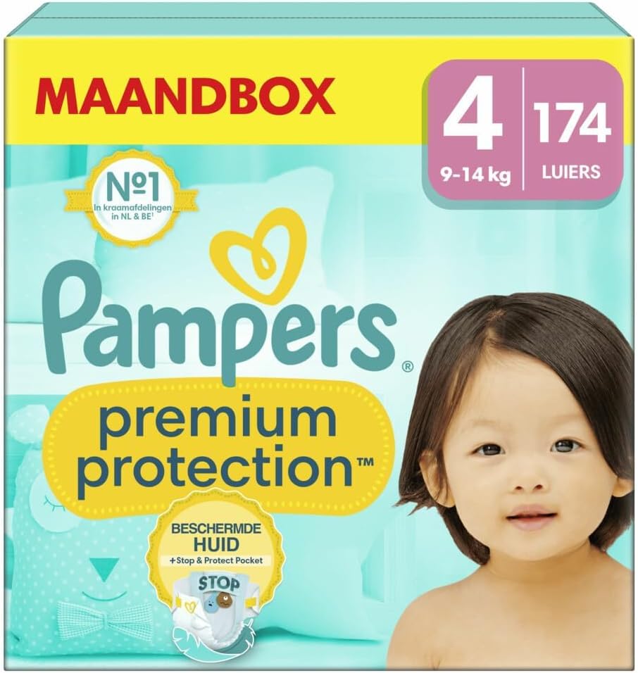 Pampers Baby Nappies Size 4 (9-14 kg) Premium Protection, Maxi, 174 Pieces, Monthly Box, Best Comfort and Protection for Sensitive Skin