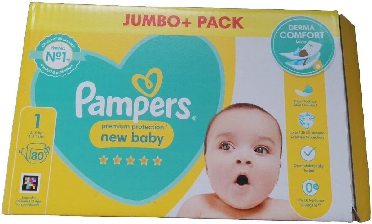 Pampers Baby Nappies Size 1 (2-5 kg / 4-11 lbs), New Baby, 80 Count, JUMBO+ PACK, Protection For Sensitive Newborn Skin, Baby Essentials for Newborn