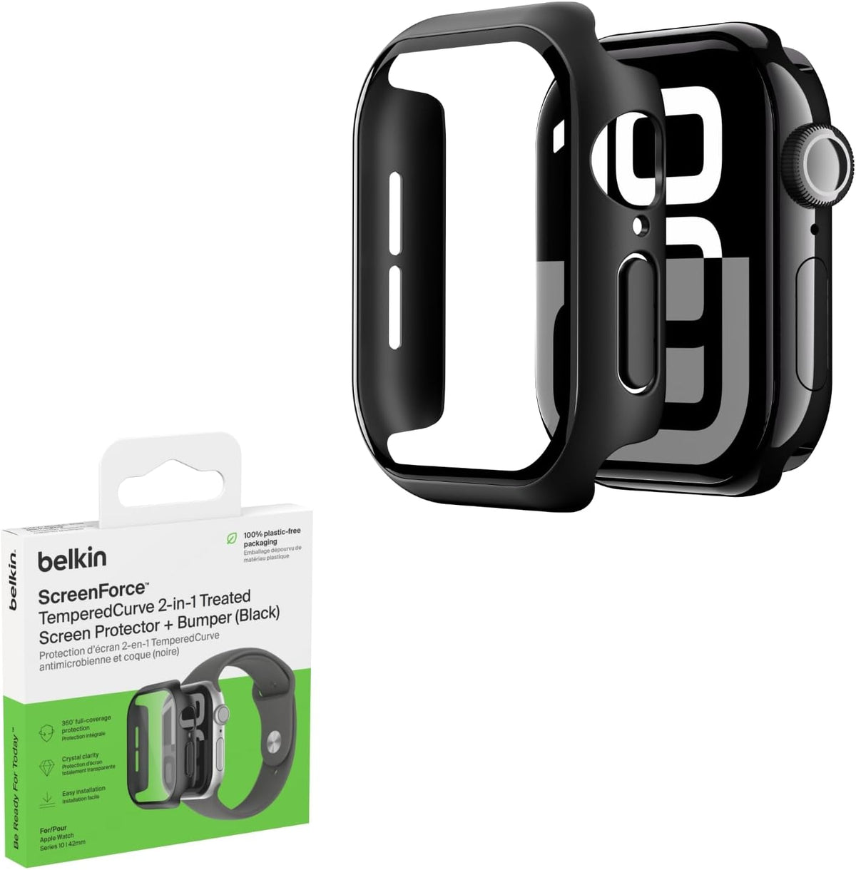 Belkin ScreenForce TemperedCurve 2-in-1 Apple Watch Screen Protector for Series 10 (42mm), Apple Watch case with 360˚ protection and protective bumper, tempered glass screen protector - black