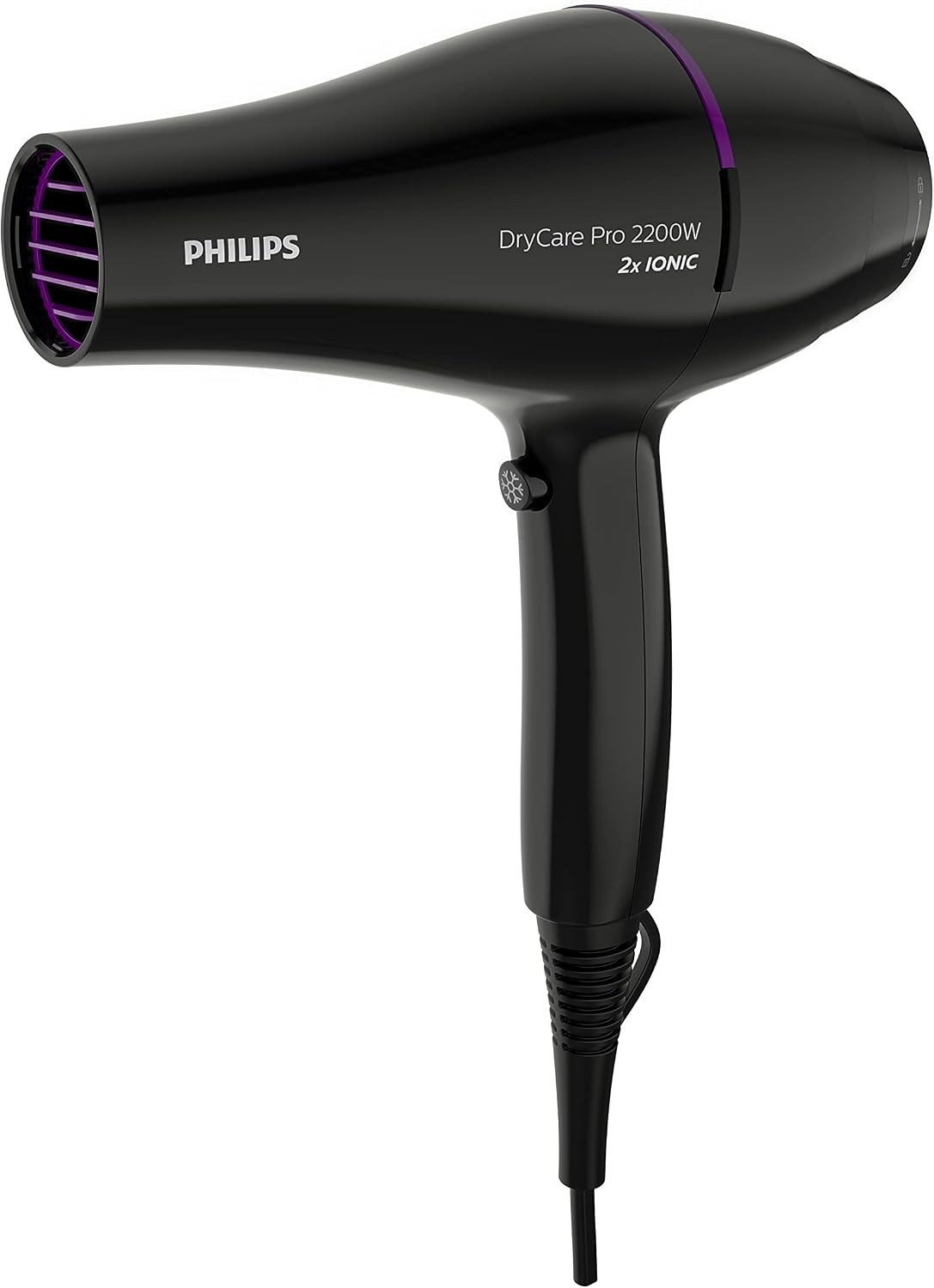 Philips Pro Hairdryer BHD274/03 — 2200W — AC motor — Drying Speed up to 130 km/h* — Thermoprotect & CoolShot — 6 Heat/Speed settings — 2 attachements (Narrow nozzle & volume diffuser) — 2x more ions — Black