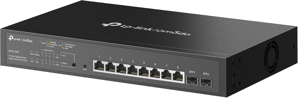 TP-Link TL-SG2210MP | Jetstream 10 Port Gigabit Smart Managed PoE switch | 8 PoE+ Ports @ 150W, 2 SFP Slots | Support Omada SDN | PoE Recovery | IPv6 | Static Routing | 5 Year Manufacturer Warranty