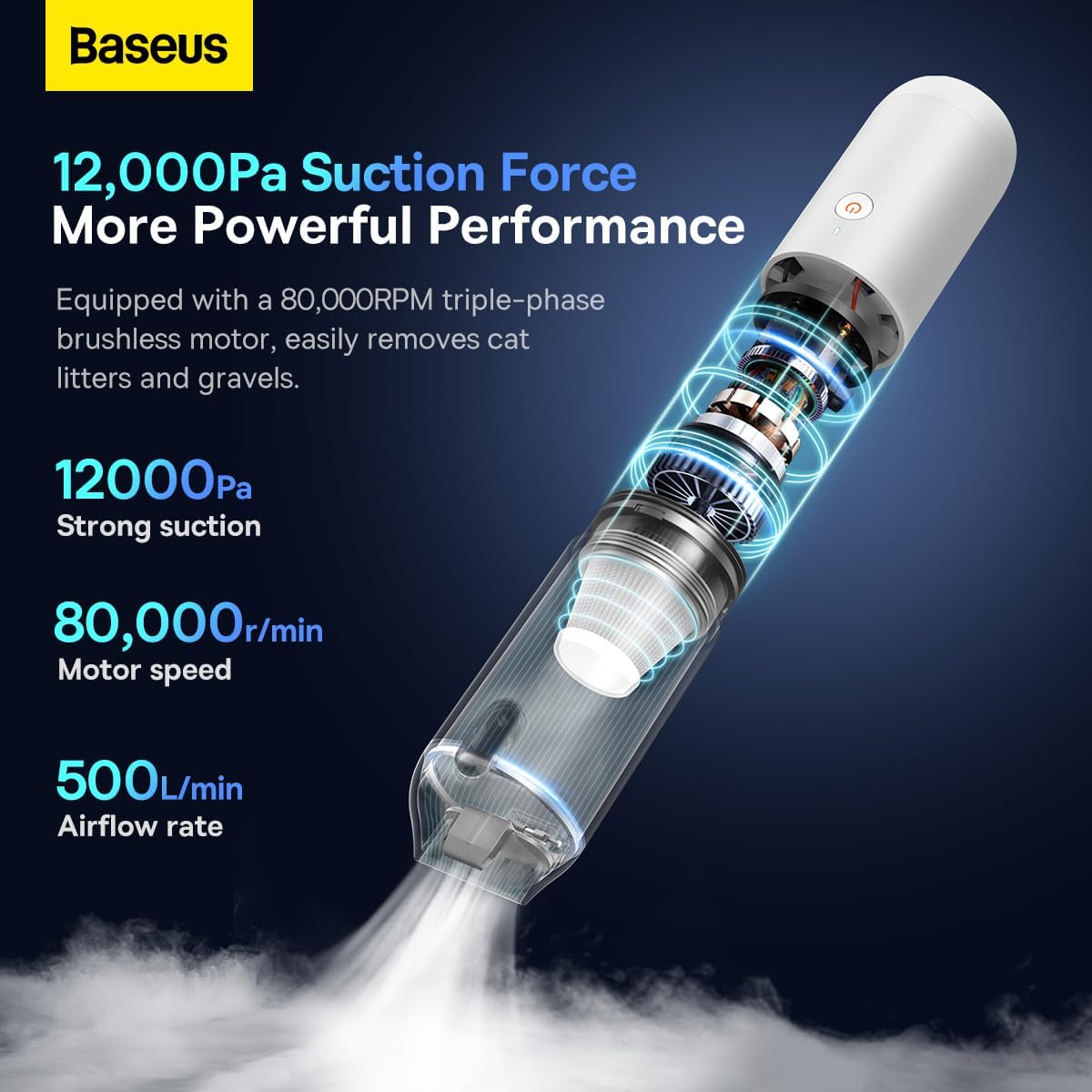 Baseus Car Vacuum Cleaner High Power, A3 Lite 12000PA Handheld Vacuum with Single Touch Empty, USB C Fast Charging — 12000Pa- A3 Lite — White
