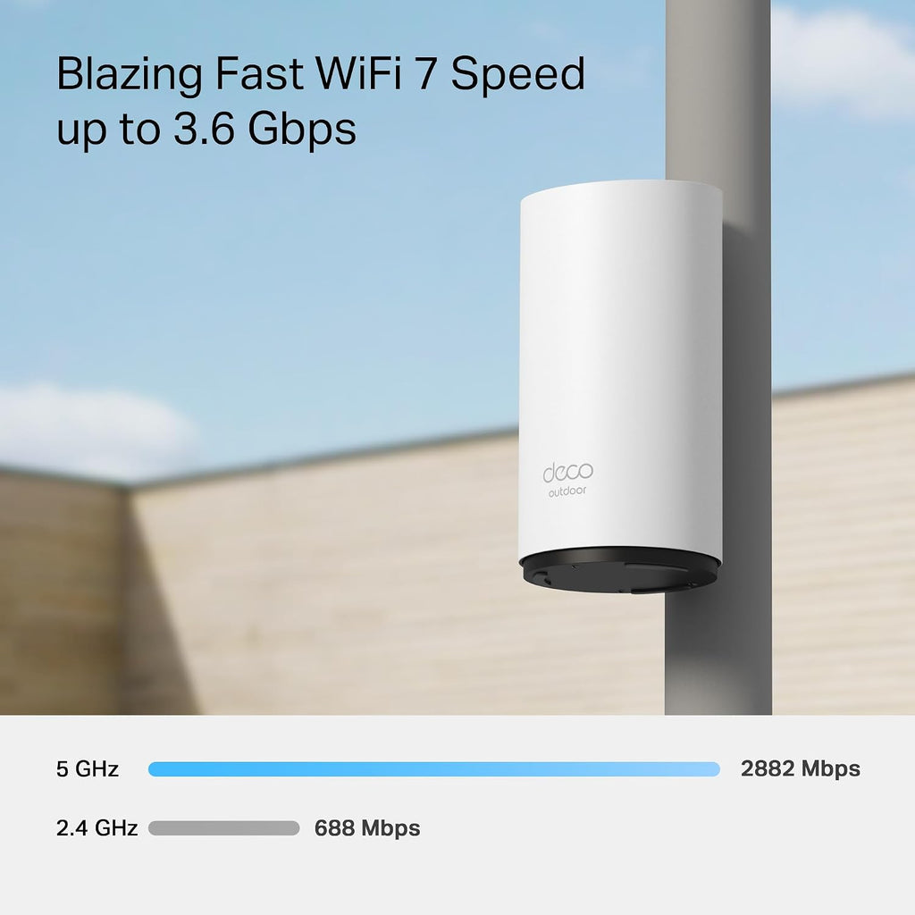 TP-Link Wi-Fi 7 Deco BE25-Outdoor Mesh WiFi BE3600Mbps, External Access Point, Dual-Band, 2 Ports 2.5Gbps, IP65, 4 Internal Antennas, Dust/Water Resistance, Pole/Wall, Alim. PoE/AC, Alexa, 1 Piece