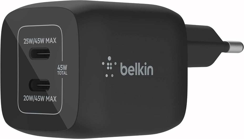 Belkin 45W Dual USB-C Wall Charger, PD 3.0 Fast Charging with GaN Technology for iPhone 14, 13, 12, Pro, Pro Max, iPad Pro 12.9, 11, MacBook, Galaxy S23, S23+, Ultra, Tab and More