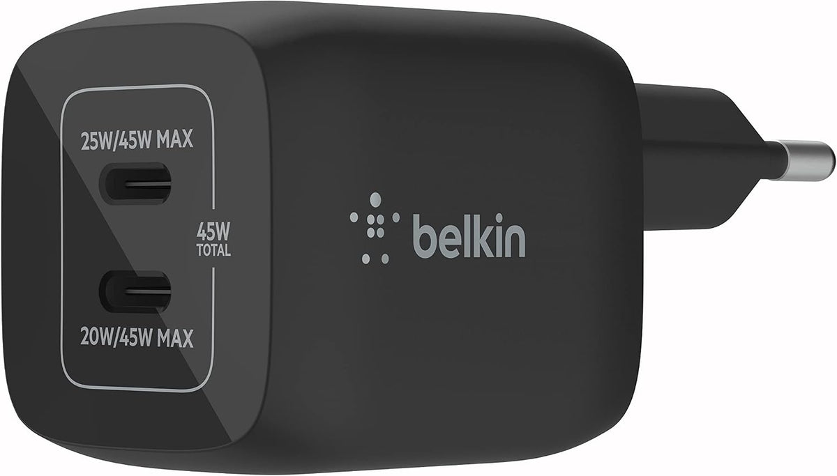 Belkin 45W Dual USB-C Wall Charger, PD 3.0 Fast Charging with GaN Technology for iPhone 14, 13, 12, Pro, Pro Max, iPad Pro 12.9, 11, MacBook, Galaxy S23, S23+, Ultra, Tab and More