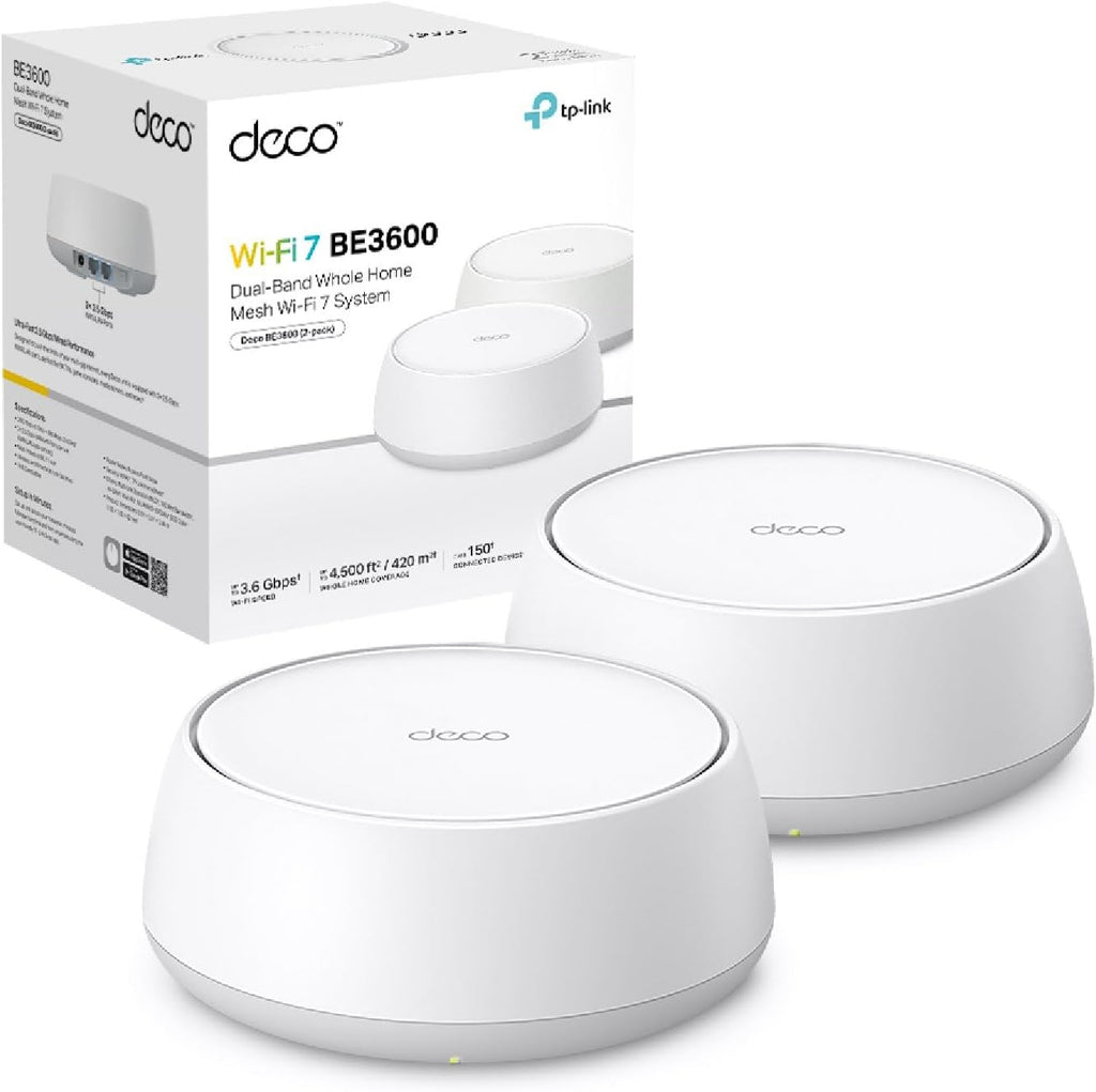 TP-Link WiFi 7 Deco BE3600 Mesh WiFi, BE3600Mbps, Dual Band, 160MHz Channels, 2 Gigabit Ports, HomeShield, MLO, 4K-QAM, Works with Any ISP and Modem, 4 Internal Antennas, WPA3, Alexa, 2pcs