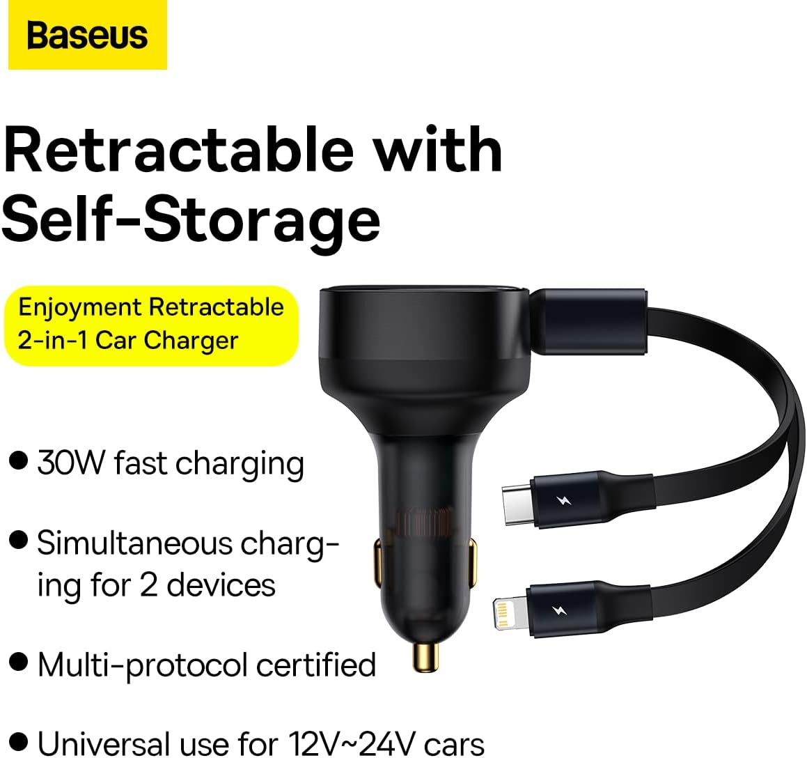 Baseus Enjoyment 30W Retractable 2-in-1 Car Charger, Fast Charging with Built-in Lightning & Type-C Cable, PD & QC 3.0, for 12V-24V Cars (Black) — Black