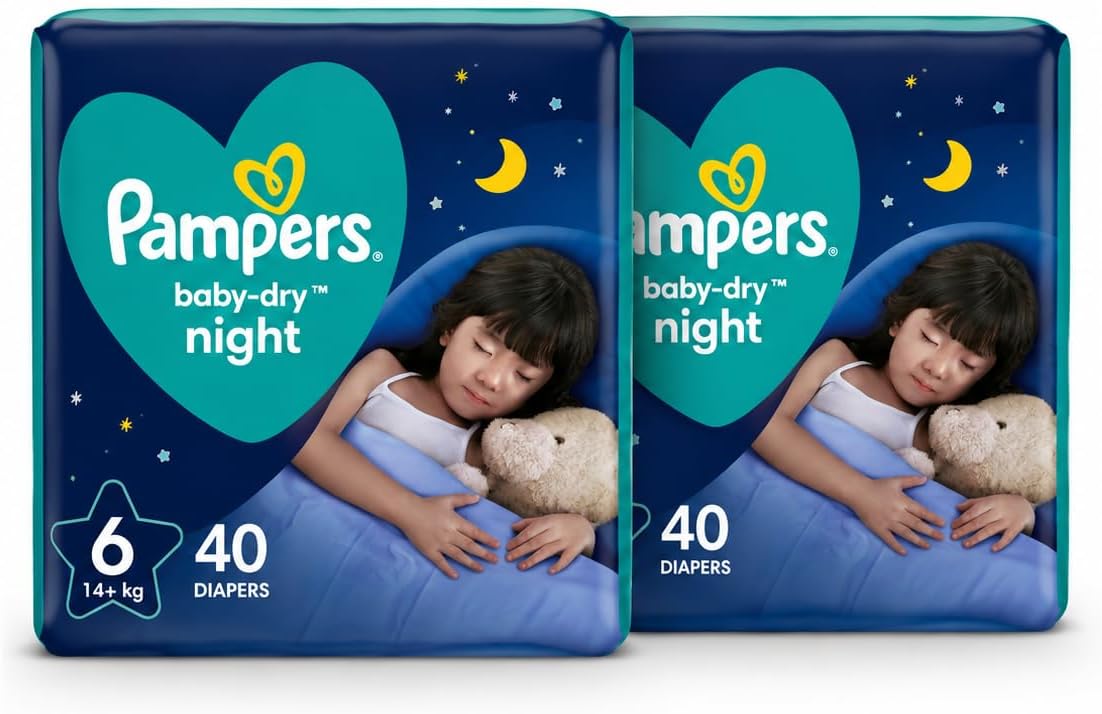 Pampers Baby-Dry Night Diapers Additional Absorption Layer for Overnight Leakage Protection, Size 6, 14+kg, 40+40 Diapers Count Dual Pack