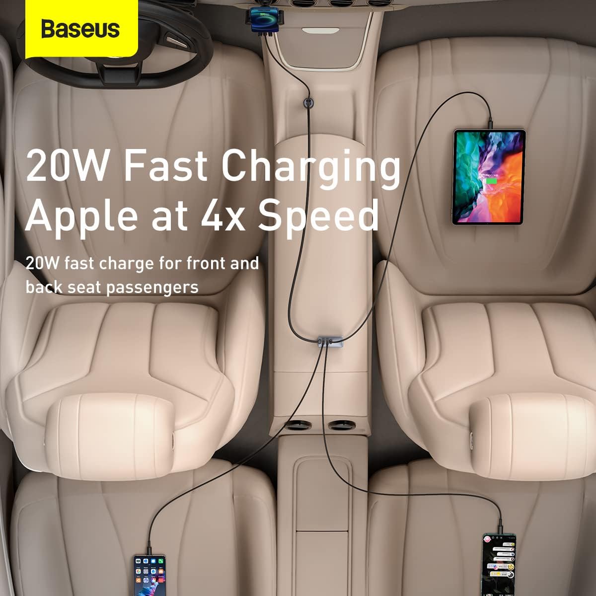 Baseus 120W 4-Port Car Charger Adapter with 5FT Cable, Fast Charging for Multiple Devices — Grey