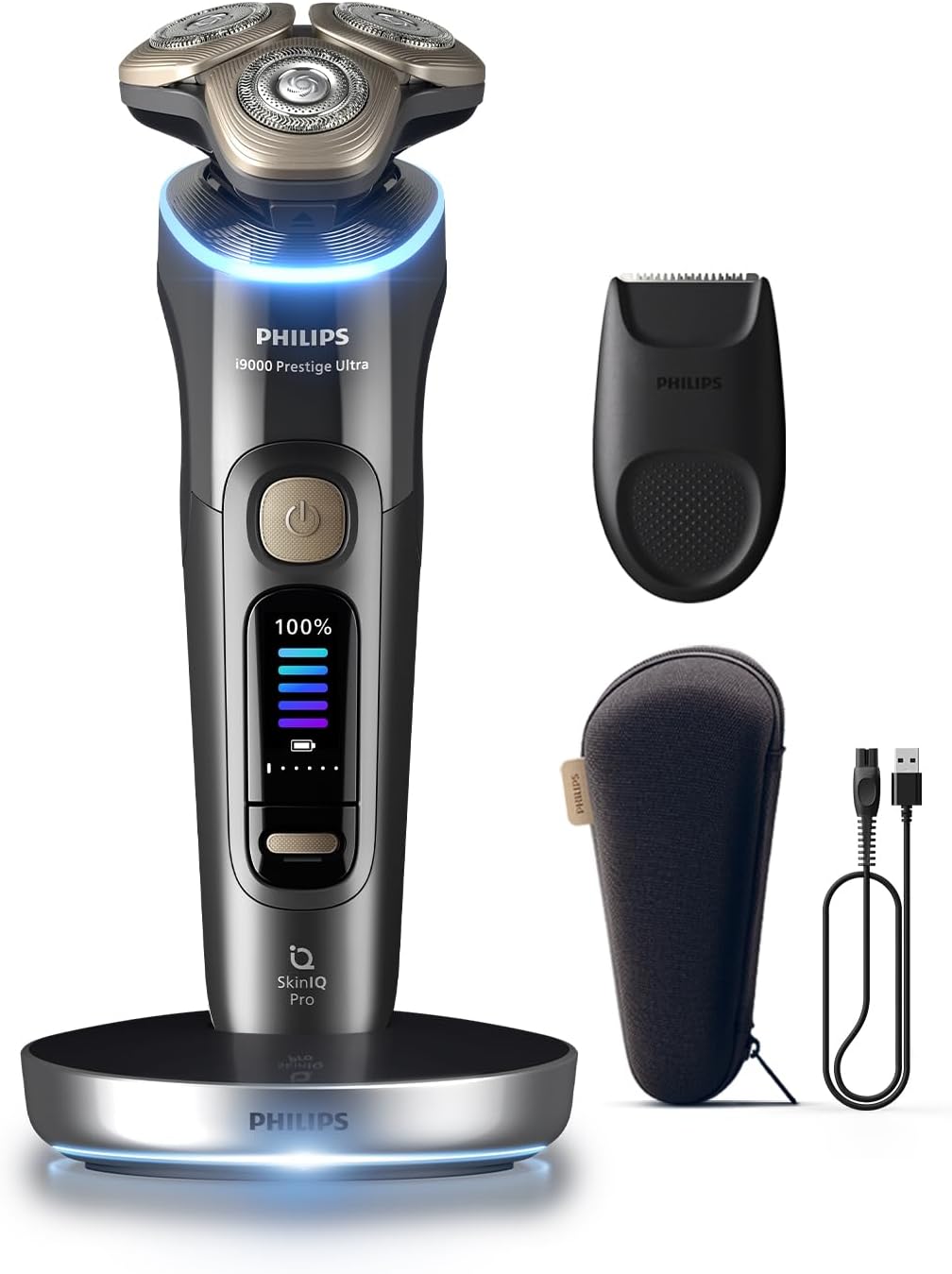 Philips i9000 Prestige Ultra Shaver XP9402/11 — Wet & Dry — Ultimate close, comfortable shave — 5 modes — Precision trimmer — LED charging stand — 60 min cordless — Travel pouch — Grey