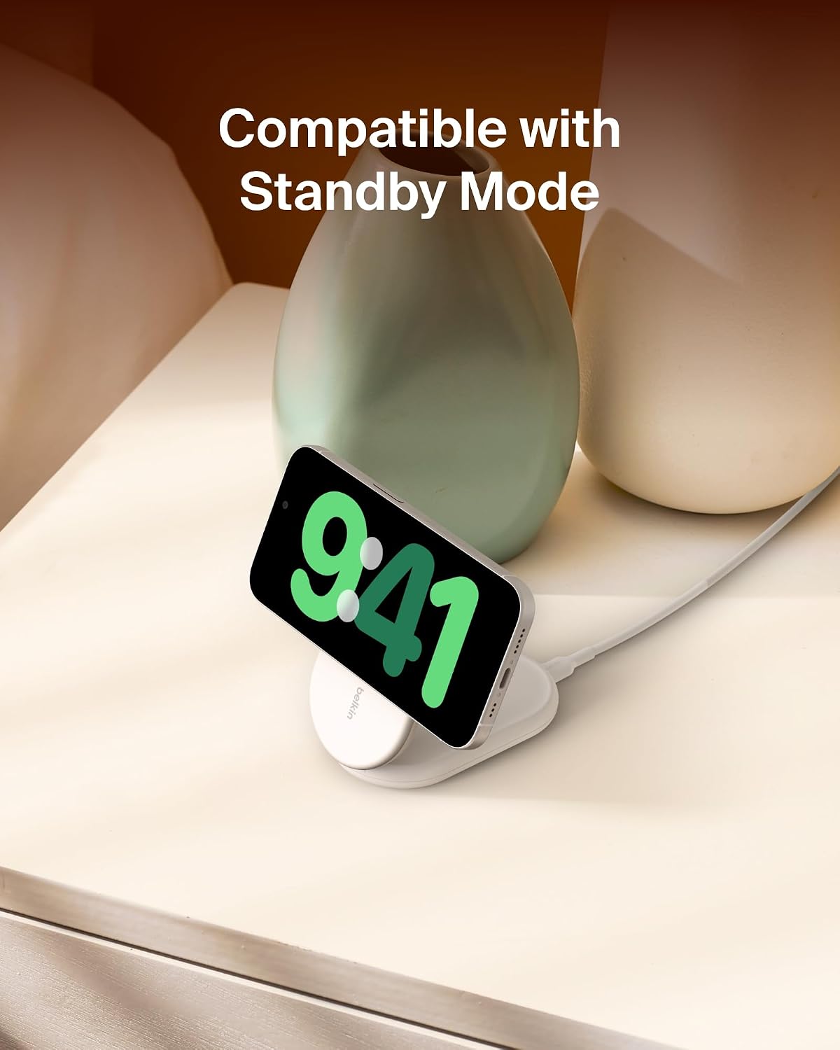 Belkin Fast Charge MagSafe Charger, Magnetic Foldable Wireless Charging Stand 15W, MagSafe-Compatible Portable Fast Charger for Qi2, iPhone 16, 15 & 14 Series, Standy Mode Ready, PSU Included - White