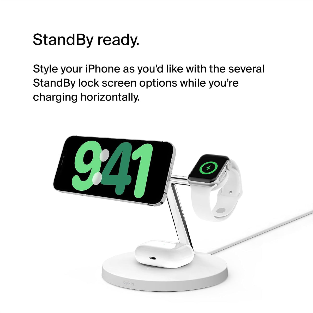 Belkin BoostCharge Pro 3-in-1 Wireless Charger with Qi2 for iPhone 17, Air, 16, 15, 14, 13, 12 + Apple Watch + AirPods + Pixelsnap, 15W MagSafe Compatible Charging Station - White