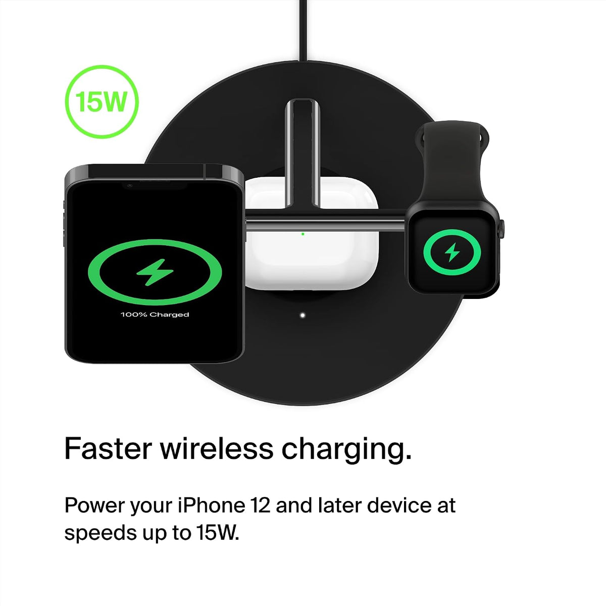 Belkin MagSafe 3 in 1 Wireless Charging Station, 15W iPhone and Apple Watch Fast Wireless Charger, AirPods Charging Station for iPhone 16, 15, 14, 13, 12 Series, Apple Watch 10/9/8, SE, Ultra - Black