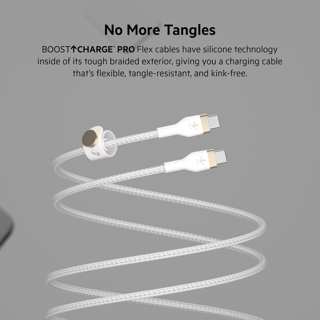 Belkin Fast Charge Pro Flex Braided USB C charger cable, USB-IF certified Power Delivery PD type C fast charging cable for iPhone 16, 15, Galaxy S24, S23, MacBook Pro, iPad, Pixel and more – 1m, white