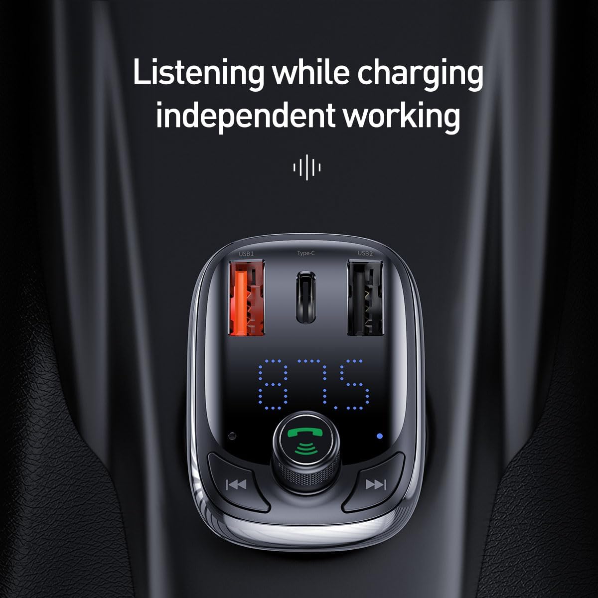 Baseus T Shaped S-13 36W USB C Car Charger & Bluetooth FM Transmitter with LED Display, 12V-24V Adapter Dual USB Fast Charger — Black