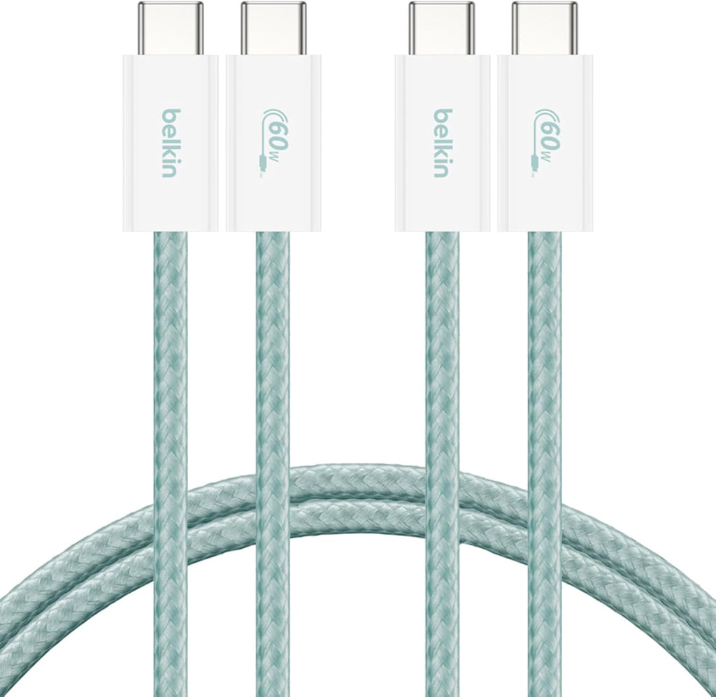 Belkin 2-Pack Braided USB-C to USB-C Cable 5ft, 60W - Soft, Flexible Fast-Charging Cable, Type C Charger Cord for iPhone 17 & 16 Series, Galaxy S25, Pixel 10, iPad Pro, & More - Green