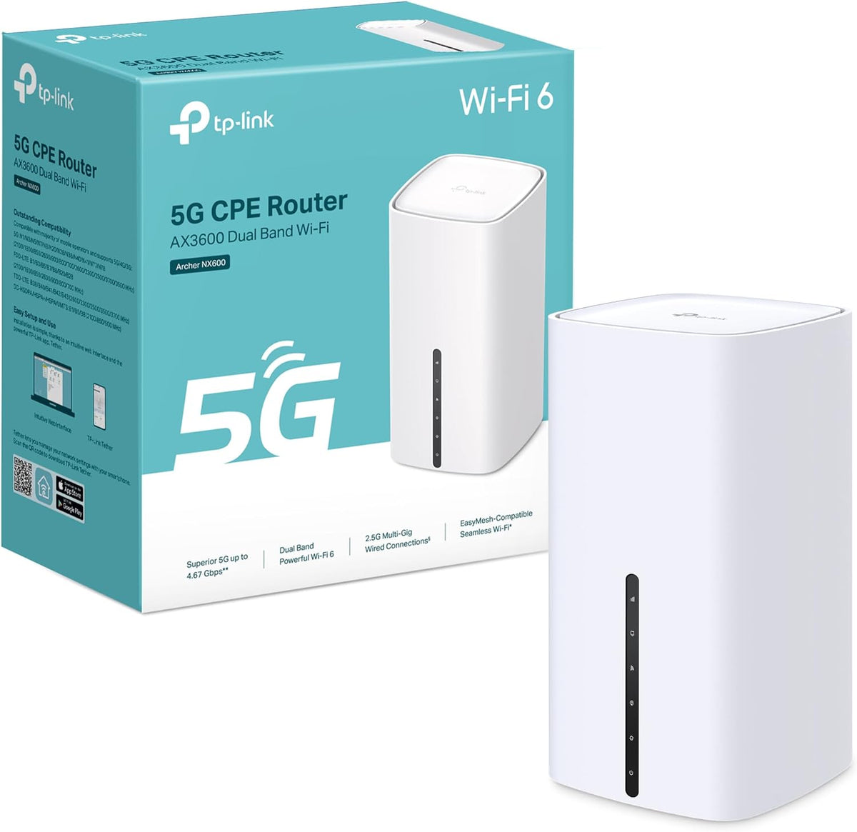 TP-Link Archer NX600 Router 5G Wi-Fi 6 AX3600Mbps Dual Band, WAN/LAN Port 2.5G + 2×Gigabit LAN Ports, Plug & Play, 4K QAM, 8×5G/LTE, 2×WiFi Internal Antenna, EasyMesh, HomeShield