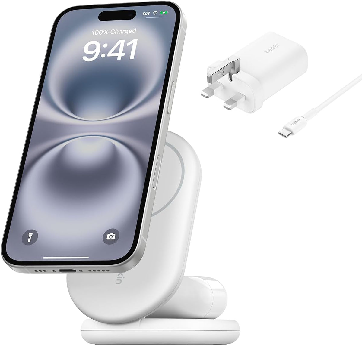 Belkin BoostCharge 2-in-1 Magnetic Foldable Qi2 Charger 15W, MagSafe Compatible Wireless Charger, Fast Charging for iPhone 17, Air, 16, 15, Charging Station with Non-Slip Base, PSU Included - White