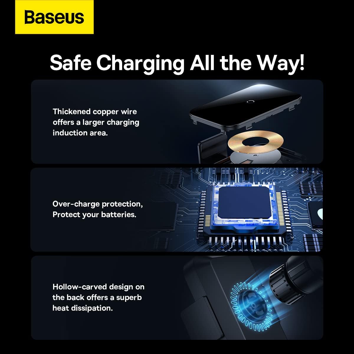 Baseus 15W Car Wireless Charger for Air Vent, Auto Clamping Car Phone Holder, Automatic Induction & Dynamic Lighting Car Phone Mount — Black