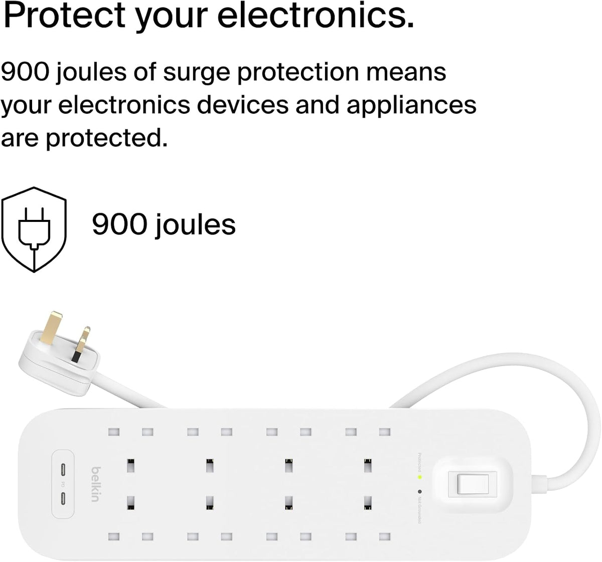 Belkin 8-Outlet Surge Protector Power Strip, Wall-Mountable with 8 AC Outlets, 2M Power Cord, & Green Indicator Light - 2 USB-C Ports w/USB-C PD Fast Charging - 900 Joules of Protection