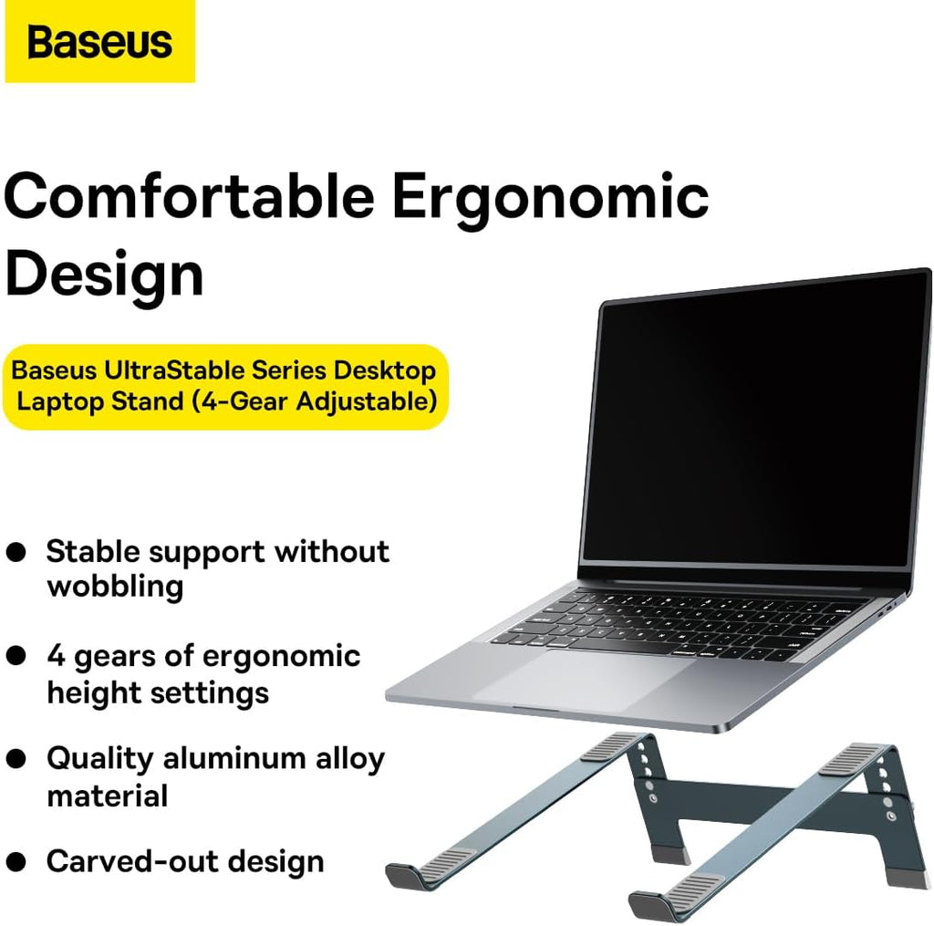 Baseus Laptop Stand for Desktop, Adjustable Ergonomic Portable Holder,4-Gear Adjustable — For Laptop (4-Gear Adjustable) — Grey