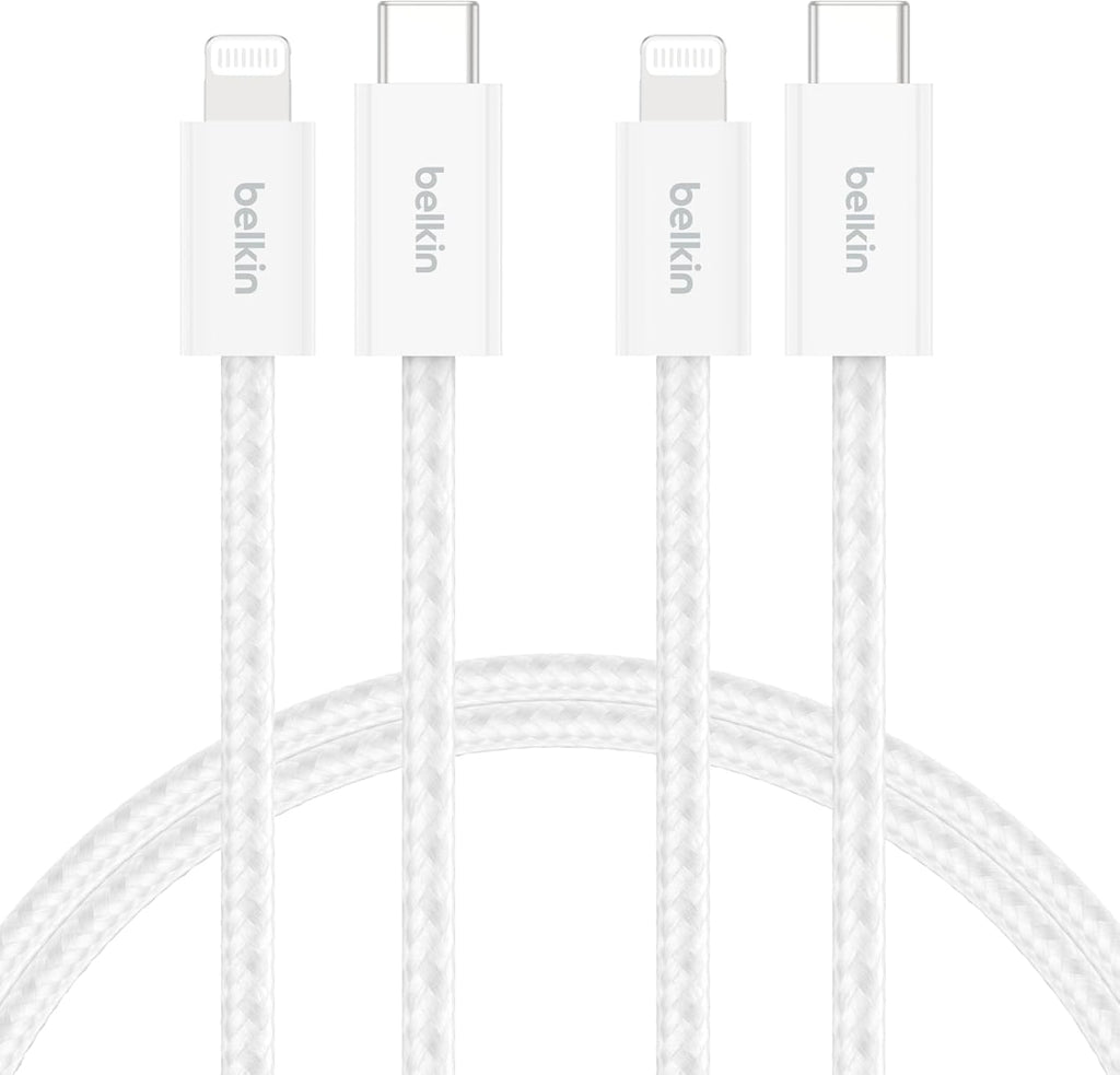 Belkin 2-Pack Braided USB-C Cable with Lightning Connector 5ft - Soft, Flexible Fast-Charging Cable, Lightning Charger Cord for iPhone 14 & Earlier Series, iPad 9th Gen, & AirPods - White