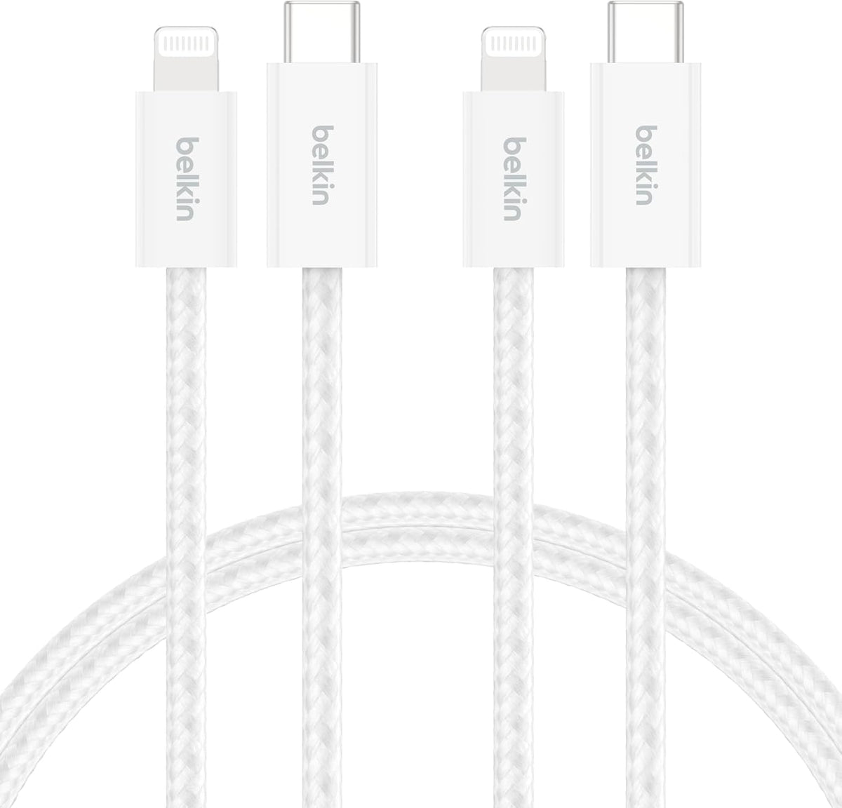 Belkin 2-Pack Braided USB-C Cable with Lightning Connector 5ft - Soft, Flexible Fast-Charging Cable, Lightning Charger Cord for iPhone 14 & Earlier Series, iPad 9th Gen, & AirPods - White