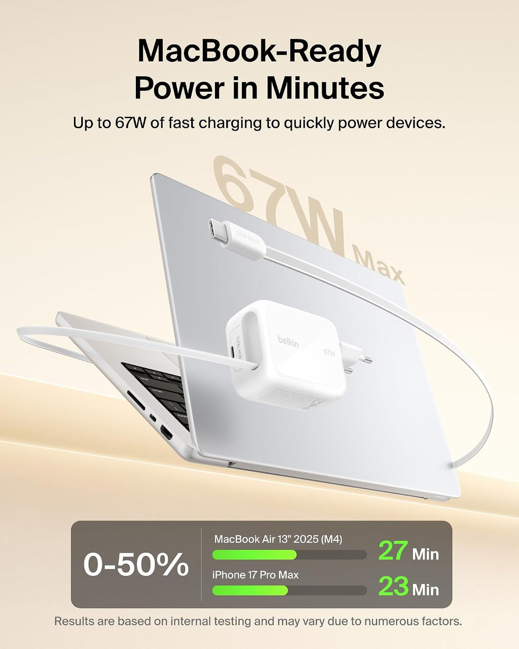 Belkin USB-C Charger Plug 67W with 3.3ft Retractable USB C Cable & Type C Port - GaN iPhone Charger, Fast Charging for iPhone 17 & 16 Series, Galaxy S26 Series, AirPods, Tablet, MacBook, Chromebook
