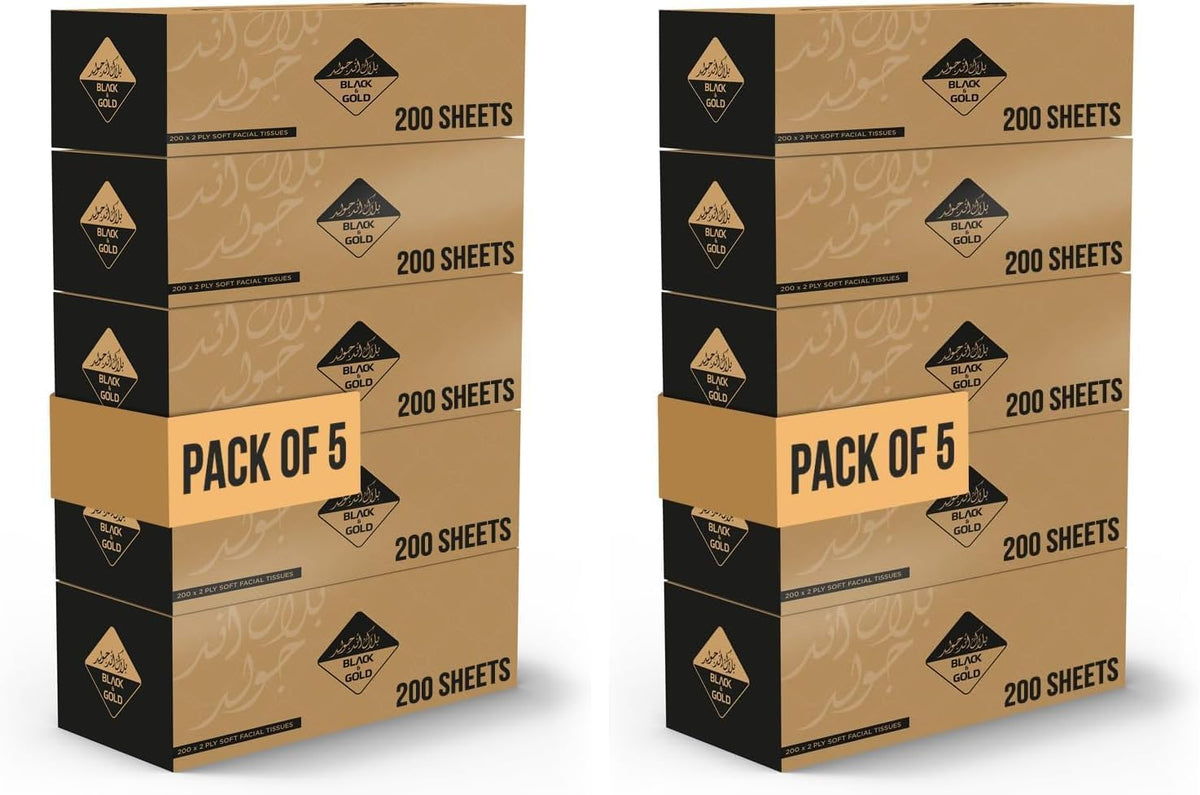 Nice Touch Facial Tissue Black & Gold Box - 10 Packs of 200 Sheets - Contains 1000 Premium 2 Ply Tissues — front product image