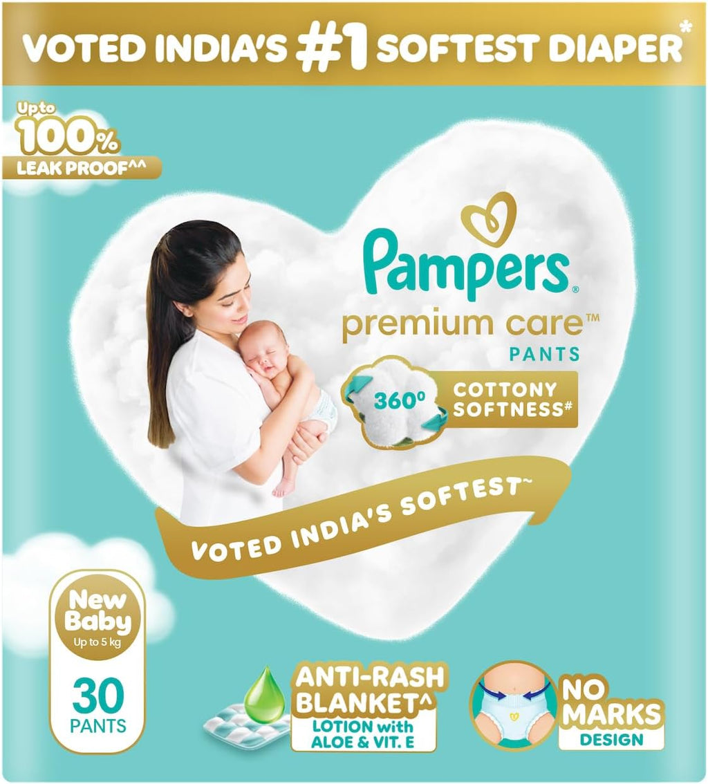 Pampers Premium Care Pant Style Baby Diapers XS 30 Count | No Marks Design | Voted India’s #1 Softest Diaper | All in 1 diaper with 360 Cottony Softness